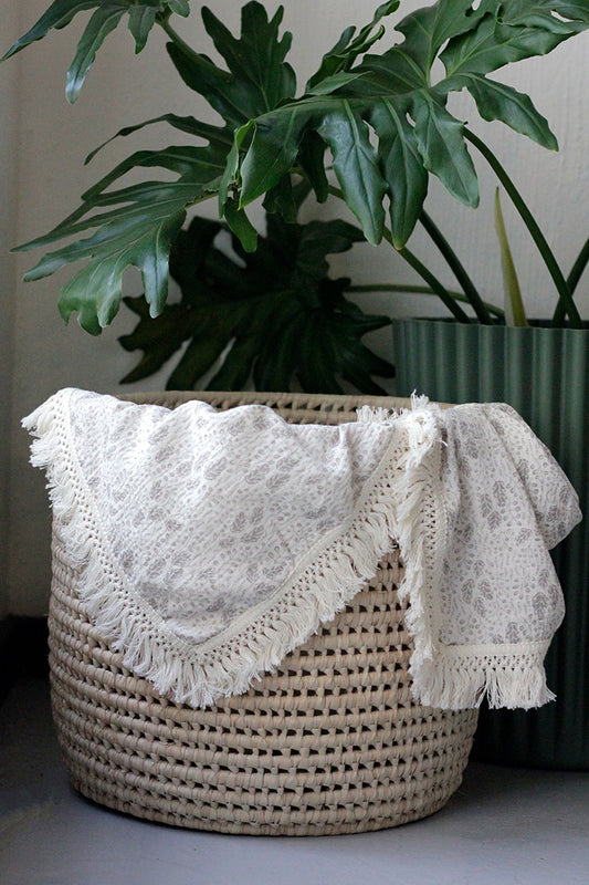 Baby Blanket - Beige With Grey Leaves