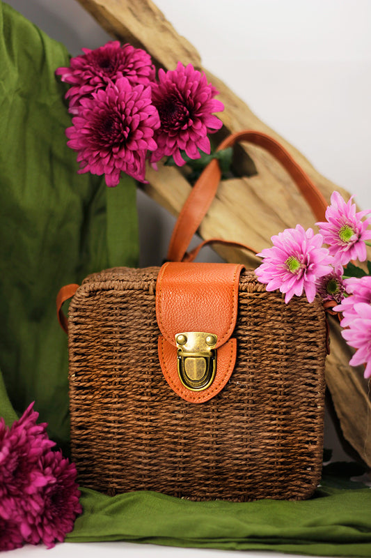 Woven Square Box Bag - Brown