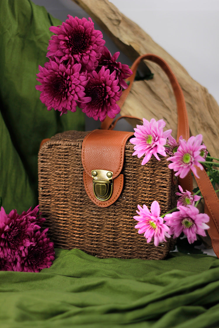 Woven Square Box Bag - Brown