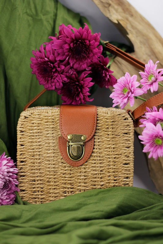 Woven Square Box Bag - Caramel